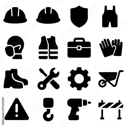 Essential Construction Tools: A concise representation of vital construction tools, including helmets, safety shield, overalls, masks, vests, tool box, gloves, boots, wrench, gear, wheelbarrow.