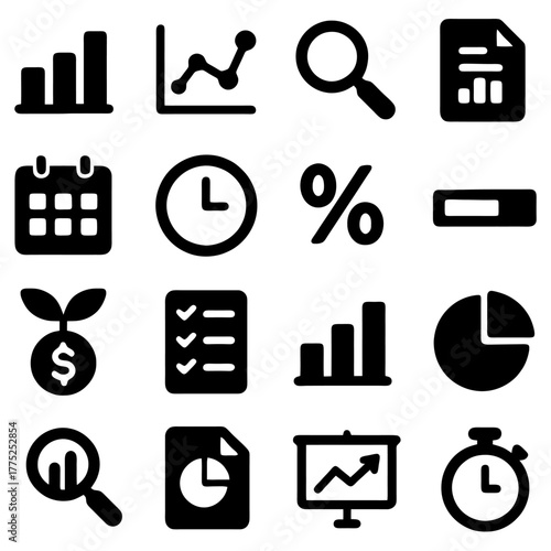 Data and Analytics: A concise collection of financial and analytical icons that symbolize concepts from project management to company development.