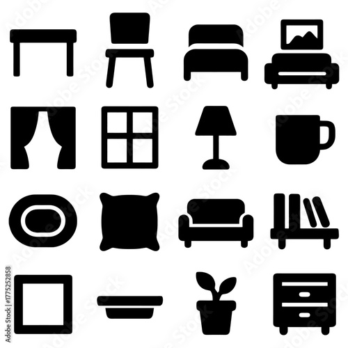 Minimalist Home Essentials: A neat collection of home and living elements in stylish silhouette designs. Exploring furniture, decorative items, and essential objects in one frame.