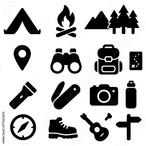 Outdoor Adventure Icons: A collection of simple, yet striking icons representing essential elements for an unforgettable journey into the great outdoors. 
