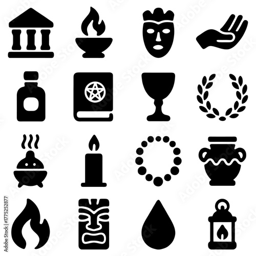 Ritualistic Artifacts: An array of sacred artifacts, including a temple, burning flame, mask, a chalice, a wreath, a candle, a drop and a lantern arranged against an isolated background. 