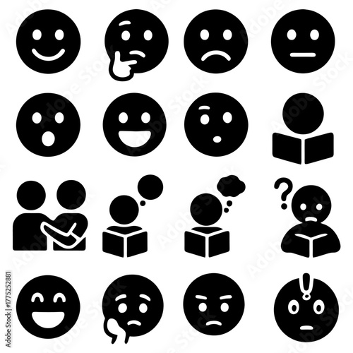 Emotions: A collection of emotions and expressions, each conveying a unique state of mind, from joy and confusion to thoughtfulness and sadness.