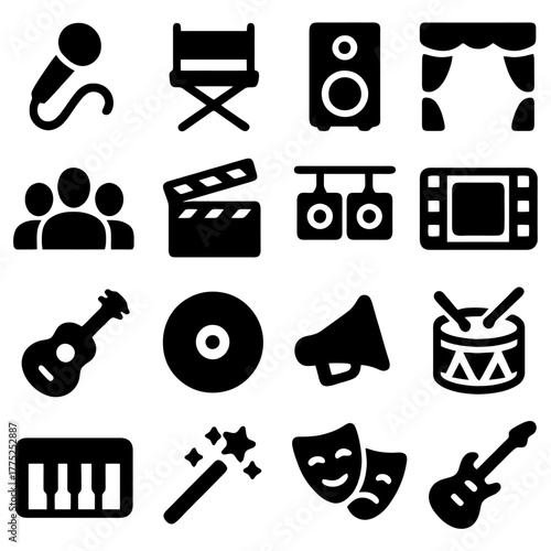 Creative Performance Elements: A collection of meticulously crafted, silhouetted icons captures the essence of performance and artistic creativity, spanning the realms of music, theatre.