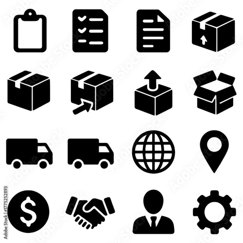 Global Commerce Icons: A comprehensive set of illustrative icons symbolizing various facets of the trade industry, from logistics and financial transactions to worldwide shipping and management.