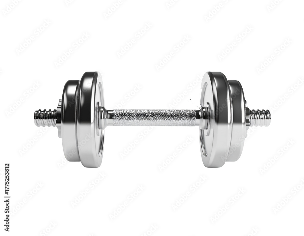 Obraz premium Chrome dumbbell photo on plain white background, metallic silver style, bright studio lighting, high resolution stock photography for fitness workout and strength training