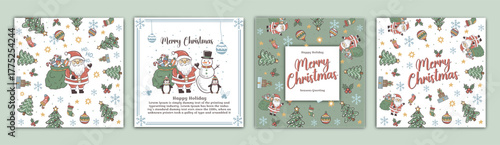 Set of Christmas greeting cards with xmas decoration. Winter Holiday Posters or banners design in modern realistic style with fir branches, gift boxes, christmas tree toys deer and stars