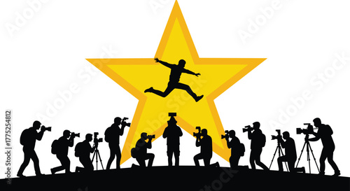 Jumping silhouette, yellow star fame, paparazzi crowd, media spotlight, celebrity moment, photo shoot scene, press frenzy, recognition event, star celebration