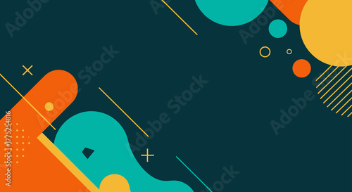 Abstract geometric background in Neo-Memphis style with teal, orange, and yellow shapes on a dark blue-green backdrop