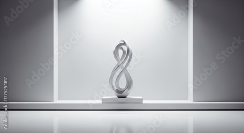 Elegant infinity sculpture isolated on white background, a symbol of endless possibilities, love, and connection, showcased in a minimalist gallery setting with soft lighting