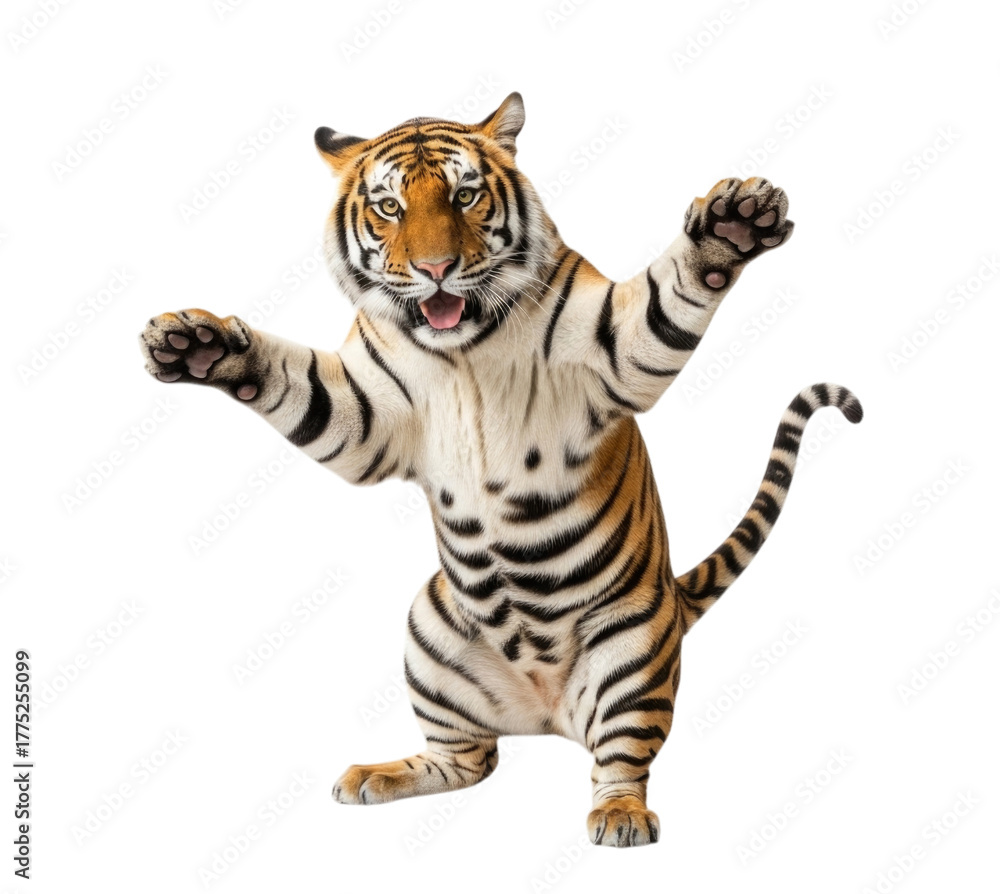 Obraz premium Playful Tiger Rearing Up on its Hind Legs cutout isolated transparent bg png