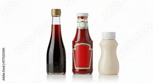 Bottles of ketchup, tomato sauce and mayonnaise isolated on white background.