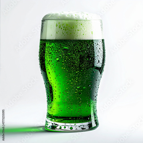Glass of green beer with foamy head on white background, traditional St. Patrick Day festive drink.