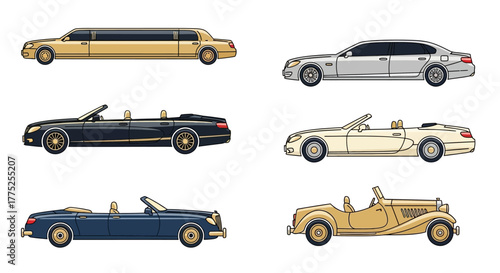 Collection of various luxury cars, including a limousine, convertible, and sedan, in a detailed illustration.