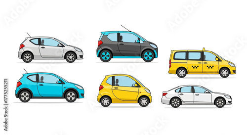 A collection of six different modern cars and a taxi van shown in a side profile view on a white background.