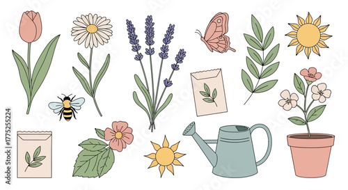 A collection of charming hand-drawn illustrations featuring spring and garden elements, including flowers, a bee, a butterfly, a watering can, and seed packets.