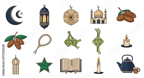 A collection of traditional Islamic and Ramadan symbols and elements, including mosques, lanterns, dates, and prayer beads.