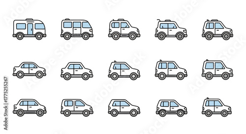 A collection of 15 cartoon-style car icons, featuring various vehicle types like vans, SUVs, and sedans, rendered in line art with grey and blue accents.