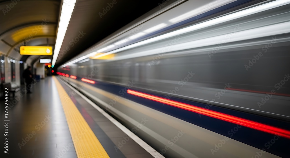 Fototapeta premium Speeding Through The Station: A dynamic scene of a subway train streaking through a sleek, modern station, capturing the essence of rapid urban transit.