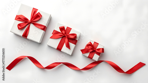 Christmas and New Year holiday background with gift boxes. Bright Xmas greeting card. Christmas decoration. Noel. Top view. Flat lay.