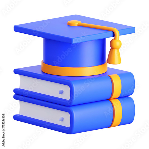 A stacked set of books topped with a graduate's blue mortarboard
