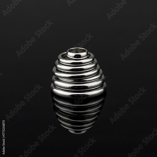 Metallic Spiral Object with Reflective Surface on Black Background.