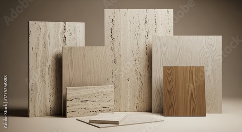 Material Mood Board with Travertine Stone and Oak Wood Samples for Interior Design.
