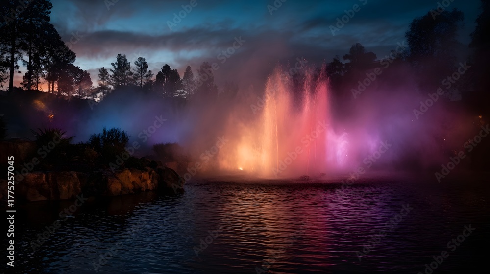 Fototapeta premium Colorful fountain illuminated at night with mist and reflections in a pond