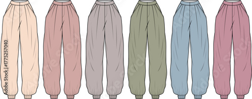 Collection of women's casual pants in various soft pastel colors, showcasing fashionable loungewear designs