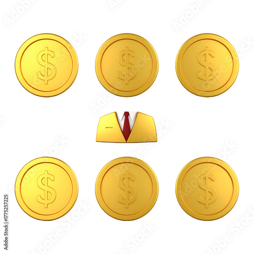 Gold coins arranged around a coat and tie symbol, implying a business concept