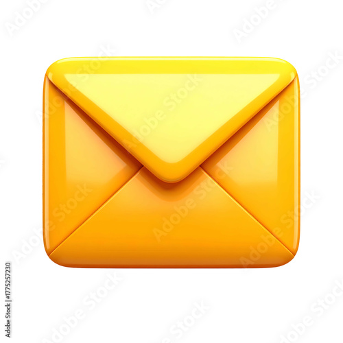 Glossy, yellow, rounded envelope icon on a solid black background, 3D rendered