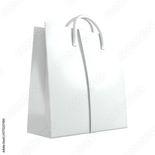 Rendered white shopping bag, vertical, isolated, with handles, on a transparent backdrop