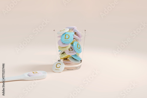 Pastel vitamins D, B, C in a glass cup and on a spoon for health and wellness. 3d render.