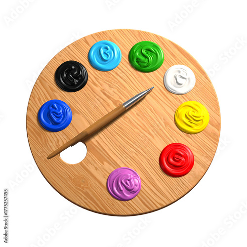 Rendered wooden artist's palette with various colors of paint and a brush