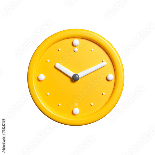 Rendered yellow wall clock showing hands and minute markers on a solid black backdrop