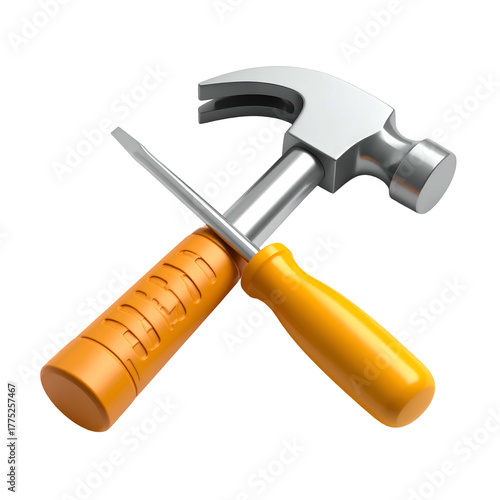 Rendering of a silver hammer and orange screwdriver, crossed on a black backdrop
