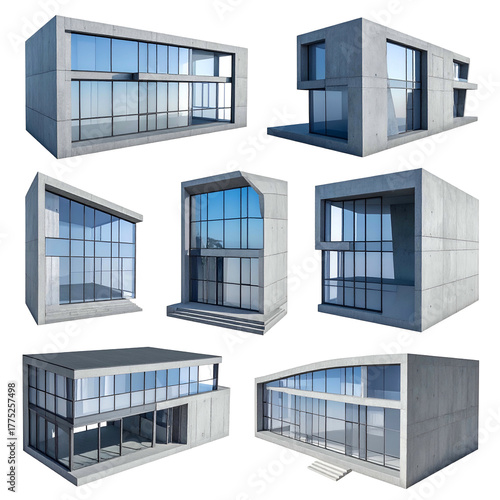 Renderings of modern minimalist concrete houses with large glass windows