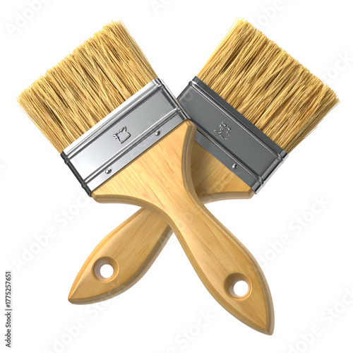 Two crossed paintbrushes with wooden handles, detailed rendering, on black background