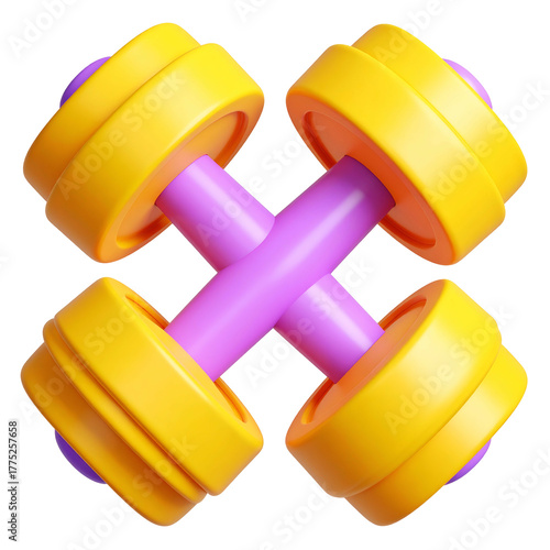 Two crossed stylized dumbbells, vibrant yellow weights and purple central handle