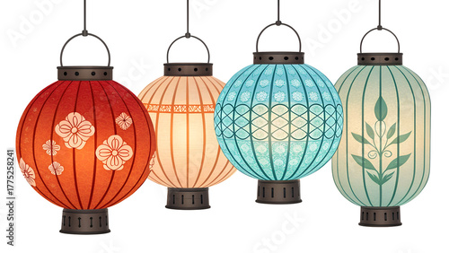 Japanese paper lantern isolated on transparency background. Set of Japanese paper lanterns
