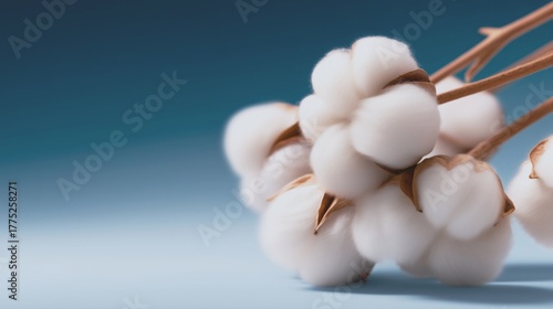 Closeup of white cotton fibers on blue background