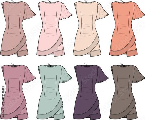 Vector set of a modern one-sleeve wrap dress for women. Fashion design concept showing different color variations for a clothing line