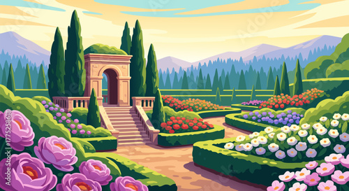 Serene Garden Vista A Lush Landscape of Flowers, Stone Architecture, and Majestic Mountains Under a Sunny Sky