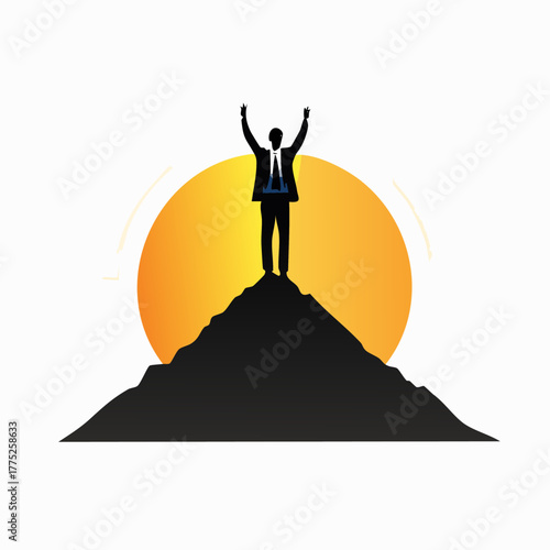 Successful businessman stands atop mountain, celebrating victory.