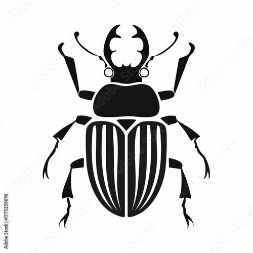 Detailed black beetle illustration with prominent horns and intricate design.
