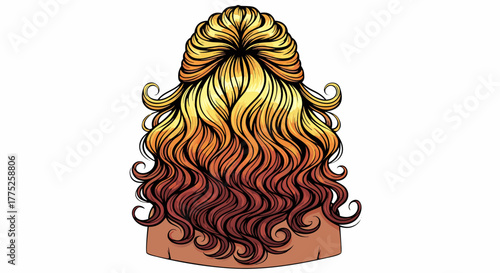 Elegant graphic illustration of long, flowing, wavy ombré hair in shades of golden blonde to rich auburn, viewed from behind, suitable for beauty and style projects
