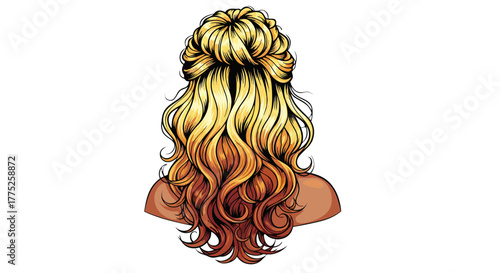 A vector illustration of a woman from the back showcasing a beautiful half-up braided hairstyle with long, wavy, blonde ombre curls