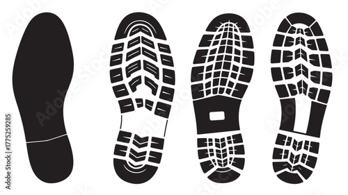 Four shoe sole prints in black ideal for design work silhouette on transparent background