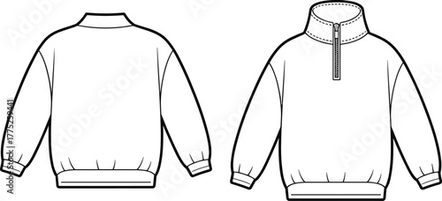 Front and back technical flat sketch of pullover sweatshirt with half zip collar, long sleeves apparel template, vector fashion garment design illustration