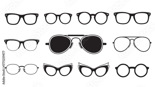 Collection of various style sunglasses and eyewear perfect for design on transparent background silhouette