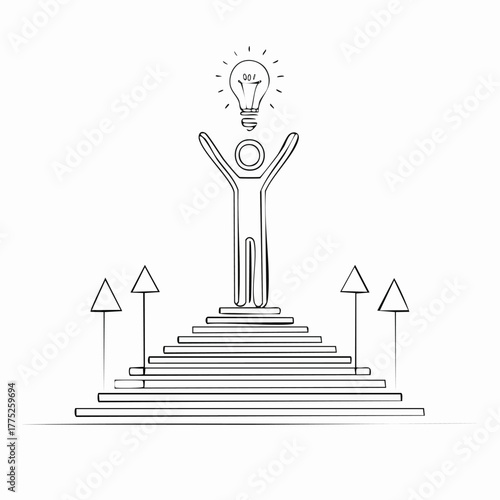 Person on stairs with lightbulb, representing idea and success.